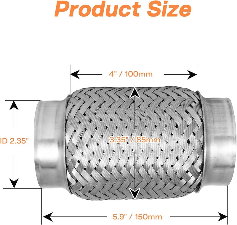 SVULK Exhaust Flex Pipe, 2.35" Double Braid Stainless Steel Flexible Pipe, Heavy Duty Exhaust Flexible Tube Overall Length 5.9"/150mm, 2PCS - Image 2